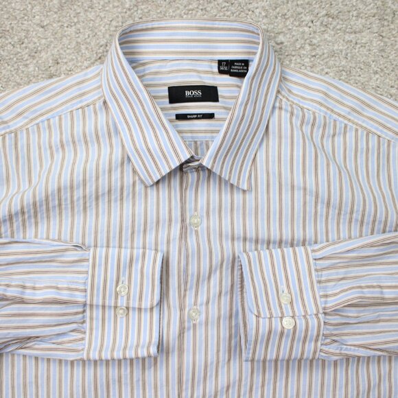 BOSS Hugo Boss Marlow US Shirt Mens 17, 34/35 Blue Sharp Fit Cotton L/S Button - Picture 1 of 14